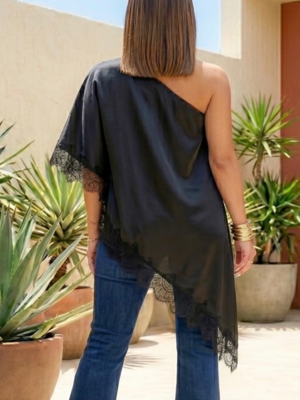 ASYMMETRICAL ONE SLEEVE LACE TRIM BLACK TOP - NWT - Picture 3 of 14